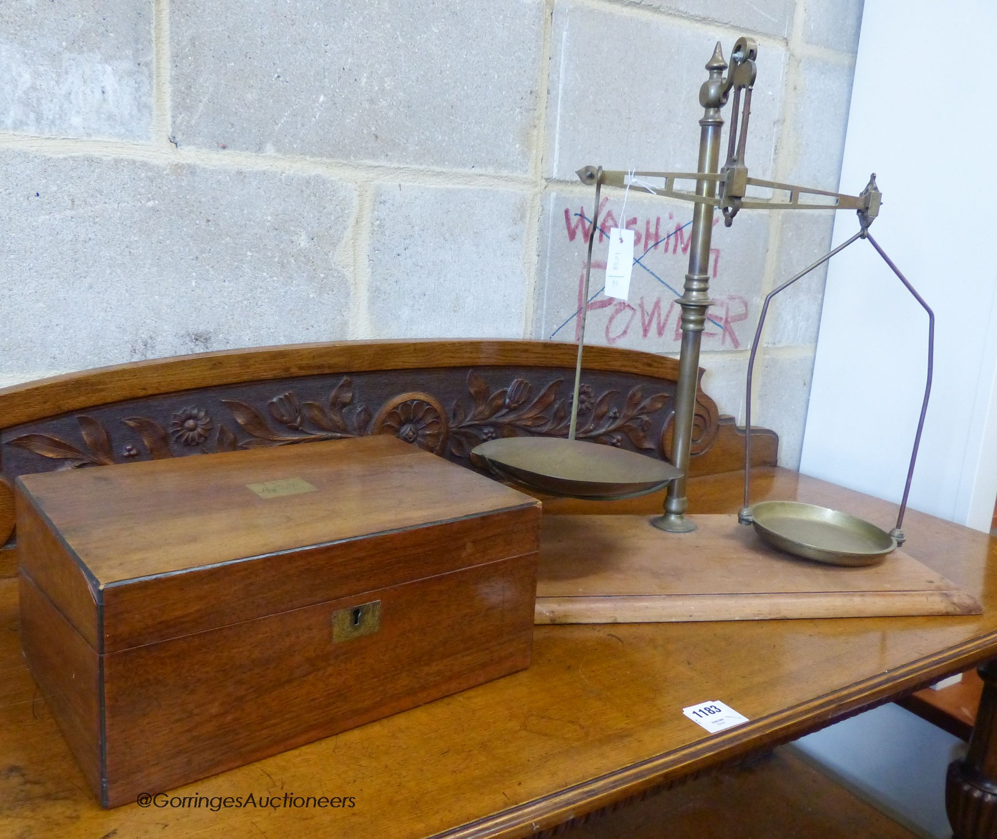 A Victorian walnut writing slope. Width 35cm. And brass balance scales.
